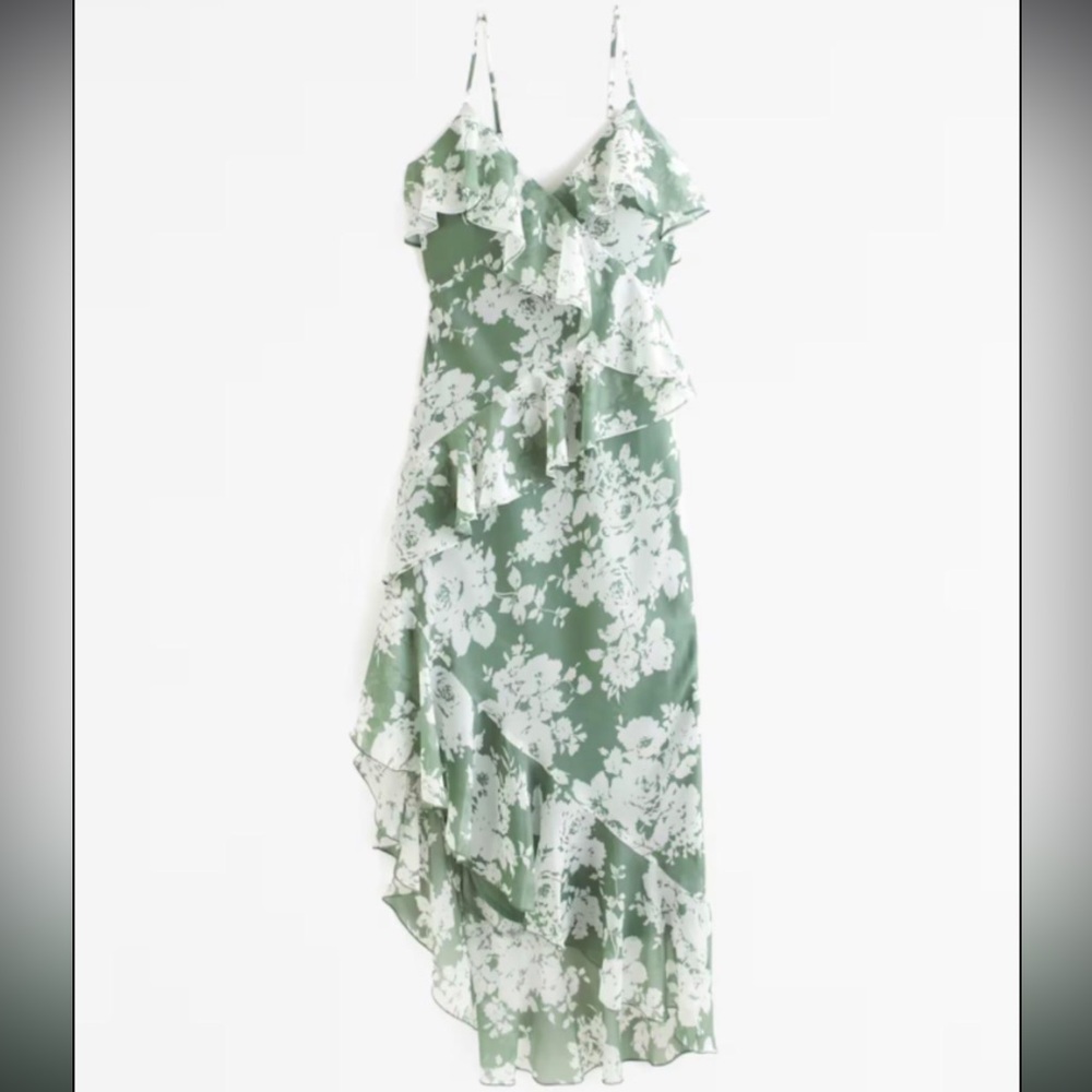 Abercrombie & Fitch green floral Cascading Ruffle Maxi Dress
